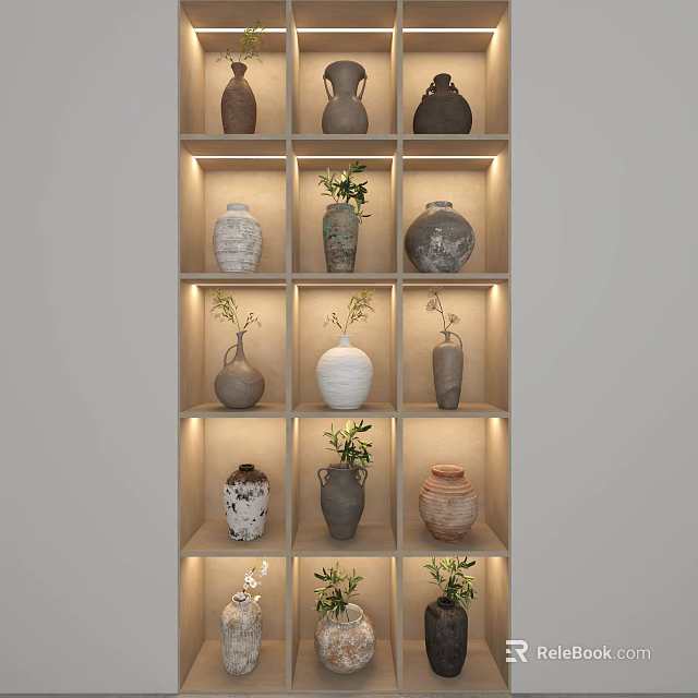 Decorative Ceramic Vessels Displayed On Illuminated Wooden Grid Shelves With Small Green Plants 3d model 