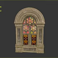 Traditional Casement Window With Arched Stained Glass And Stone Carved Decorative Frame
