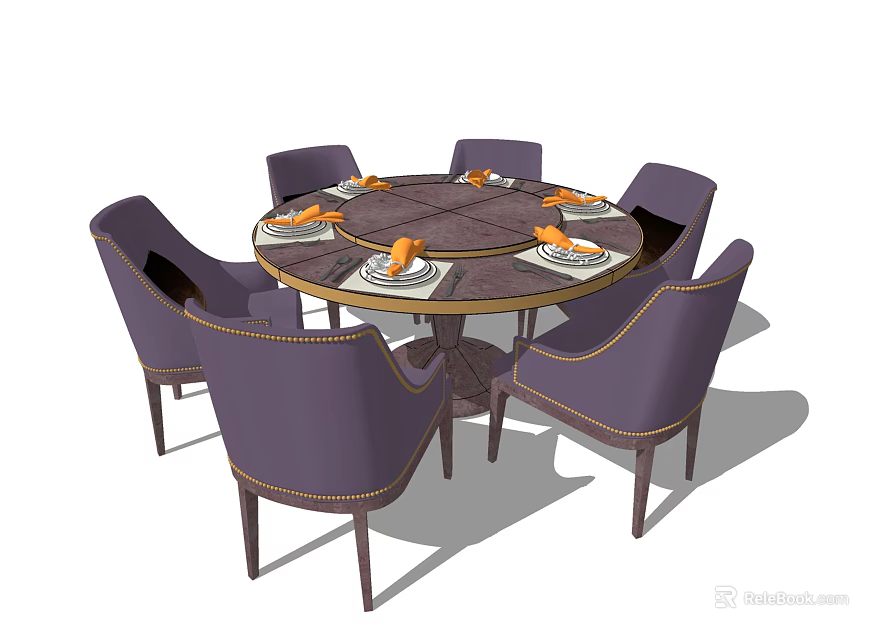 Round Dining Table Set With Six Purple Upholstered Chairs And Table Settings 3d model 