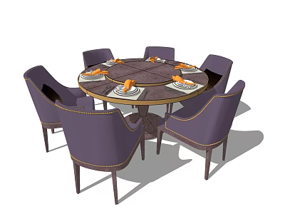 Round Dining Table Set With Six Purple Upholstered Chairs And Table Settings 3d model