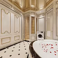 Luxurious Bathroom Interior With Round Marble Bathtub Chandelier Large Mirror And Tiled Floor