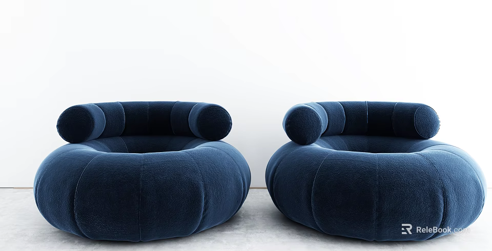 Two Round Navy Blue Velvet Single Sofas in Minimalist Indoor Setting 3d model 
