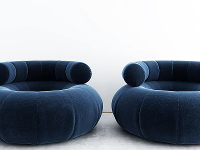 Two Round Navy Blue Velvet Single Sofas in Minimalist Indoor Setting 3d model