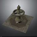 Classical Multi tiered Fountain With Circular Basin Square Pedestal Stone Slab Floor And Ornate Top