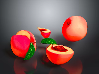 Fresh Red Peaches With Sliced Halves And Green Leaves On Dark Background 3d model