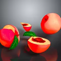 Fresh Red Peaches With Sliced Halves And Green Leaves On Dark Background