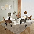Elegant Dining Table Set Featuring Marble Top Six Brown Chairs Black Legs and Golden Accents