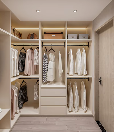 Modern Walk In Closet Design With Neatly Arranged Clothes And Storage Units 3d model