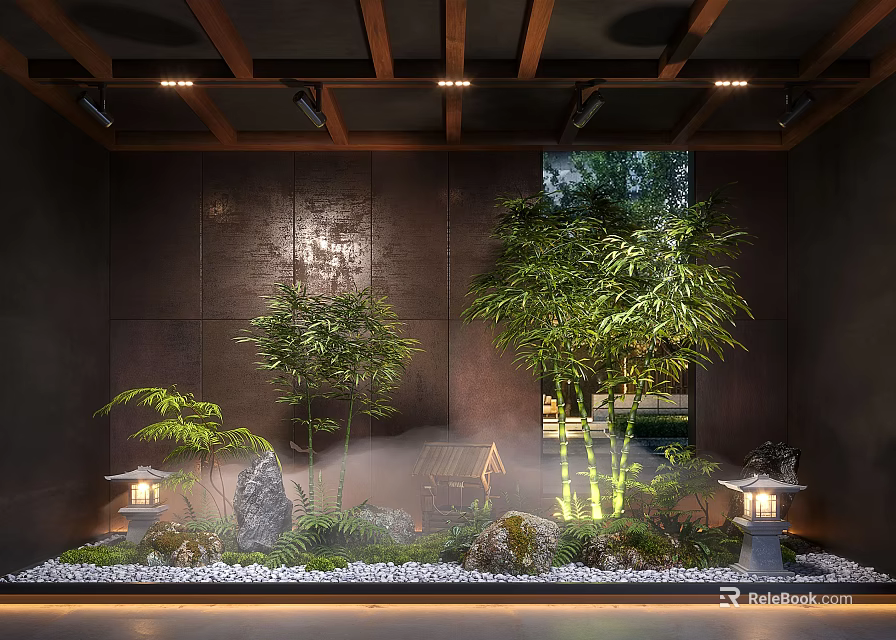 Serene Indoor Landscape Under Wooden Ceiling With Bamboo Rocks Stone Lanterns And Mist 3d model 