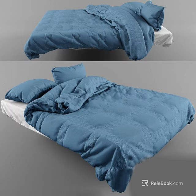 Modern Double Bed With Blue Quilt And Soft Pillows In Bedroom 3d model 