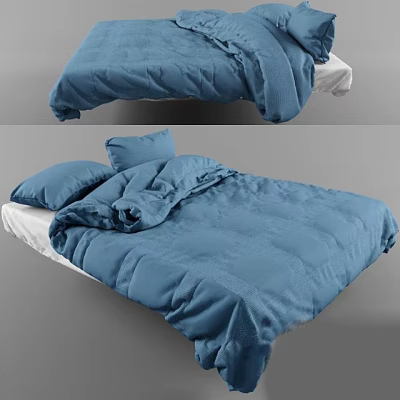 Modern Double Bed With Blue Quilt And Soft Pillows In Bedroom 3d model