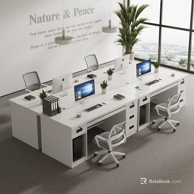 Modern Office Interior With White Desks Computers Plants Chairs Large Windows And Wall Text 3d model 