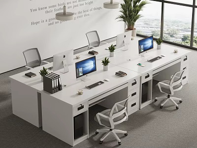 Modern Office Interior With White Desks Computers Plants Chairs Large Windows And Wall Text 3d model