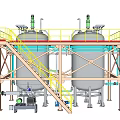 Industrial Storage Tanks With Metal Framework Staircases Pipes And Top Fixtures