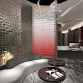 Modern Luxury Hotel Corridor Design With Glass Brick Wall Red Gradient Sofa And Pendant Light