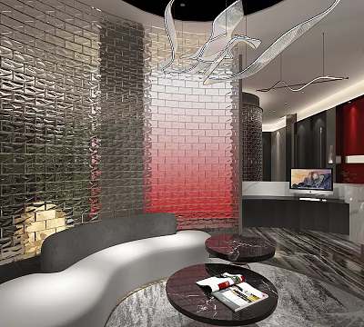 Modern Luxury Hotel Corridor Design With Glass Brick Wall Red Gradient Sofa And Pendant Light 3d model