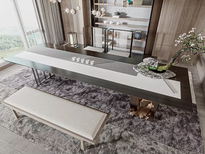 Modern Tea Table and Chair Set With Marble Top Metal Frame Bench and Vase Decoration 3d model