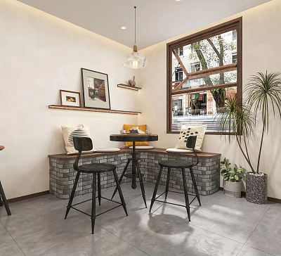 Dessert Shop Interior With Cozy Seating Green Plants And Brick Accents 3d model