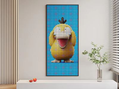 Yellow Open Mouth Cartoon Animal Pixel Art Painting With Blue Background On Interior Wall 3d model