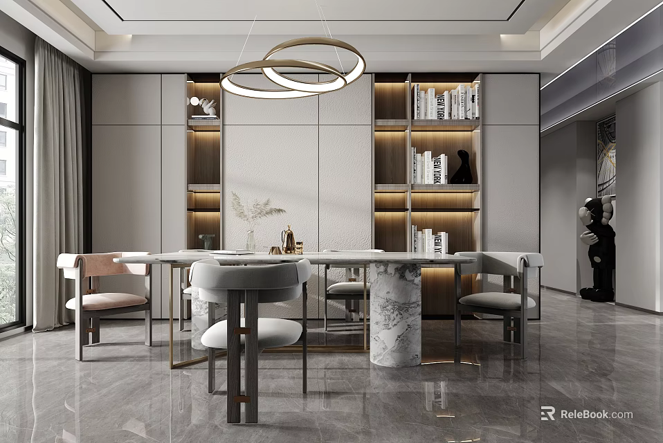 Modern Restaurant Interior Design With Marble Dining Table Pendant Lights And Bookshelves 3d model 