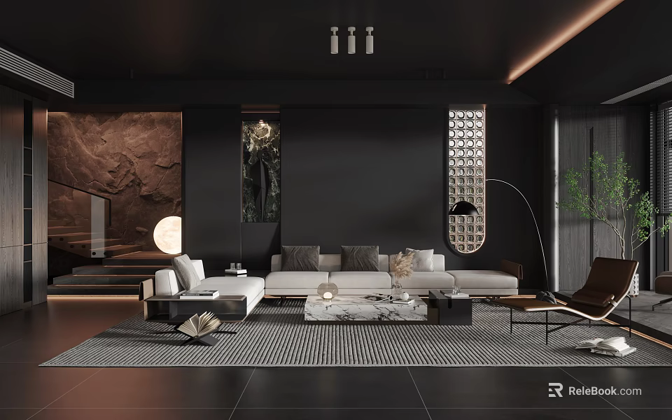 Modern Living Room Interior With Black Walls Light Sofa Marble Coffee Table And Pendant Lights 3d model 