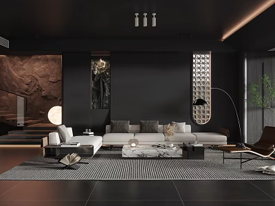Modern Living Room Interior With Black Walls Light Sofa Marble Coffee Table And Pendant Lights 3d model