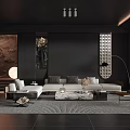Modern Living Room Interior With Black Walls Light Sofa Marble Coffee Table And Pendant Lights