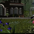 Garden Landscape with Mansion Arched Windows Lawn Colorful Flowers Terracotta Pots and White Swing