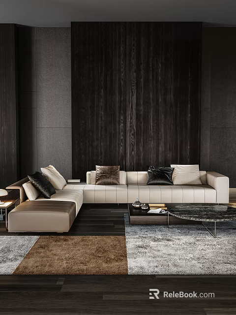 L shaped Beige Modern Sofa Set with Black And Beige Pillows Against Dark Wooden Wall 3d model 