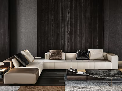 L shaped Beige Modern Sofa Set with Black And Beige Pillows Against Dark Wooden Wall 3d model