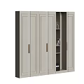 Modern Gray Wardrobe With Multiple Doors Brass Handles And Open Shelves With Books