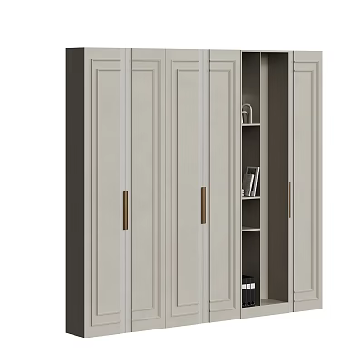 Modern Gray Wardrobe With Multiple Doors Brass Handles And Open Shelves With Books 3d model