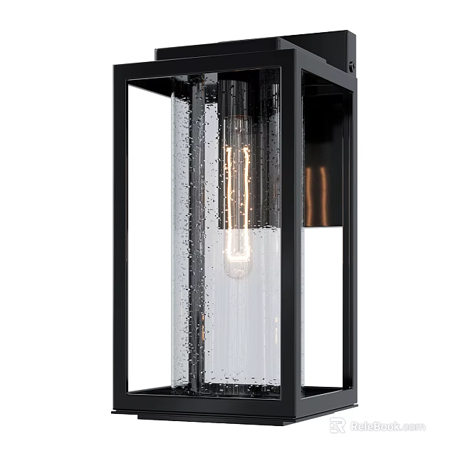 Modern Wall Light With Black Frame Clear Textured Glass And Vintage Spiral Filament Bulb 3d model 