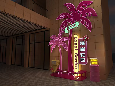 Coast Garden Wayfinding Signage With Neon Pink Palm Trees Directional Arrow Open Sign And Doll 3d model