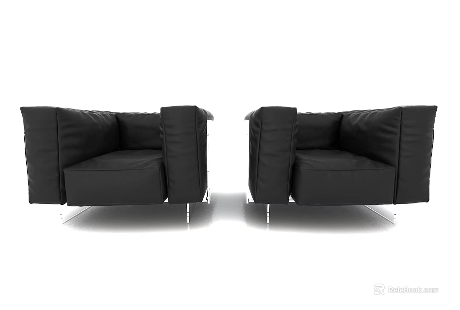 Two Modern Black Single Sofas With Leather Upholstery And Metal Legs 3d model