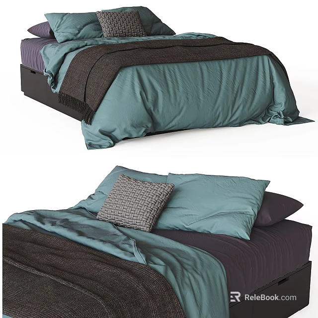 Double Bed With Teal And Dark Purple Linen Pillows And Cozy Blanket In Bedroom 3d model 