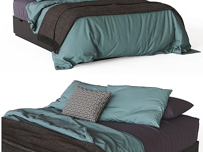 Double Bed With Teal And Dark Purple Linen Pillows And Cozy Blanket In Bedroom 3d model