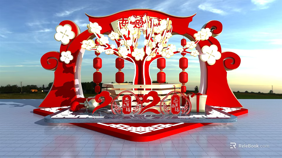 Red Traditional Decorative Arch for Xi'an New Year Featuring Plum Blossoms Red Lanterns 2021 Numbers 3d model 