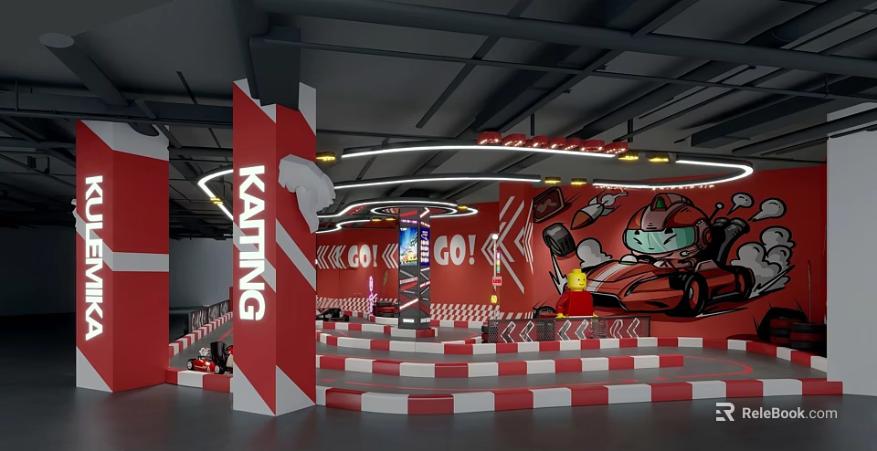 KATING Themed Indoor Space With Red White Striped Stairs And Racing Cartoon Racer 3d model 