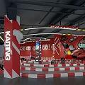 KATING Themed Indoor Space With Red White Striped Stairs And Racing Cartoon Racer