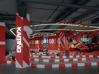 KATING Themed Indoor Space With Red White Striped Stairs And Racing Cartoon Racer 3d model