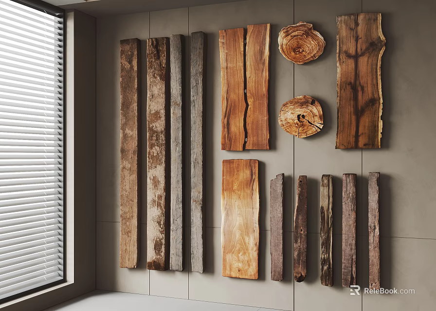 Natural Stone And Wood Wall Decor Featuring Planks And Log Slices 3d model 