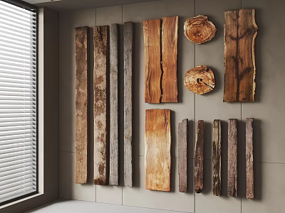 Natural Stone And Wood Wall Decor Featuring Planks And Log Slices 3d model