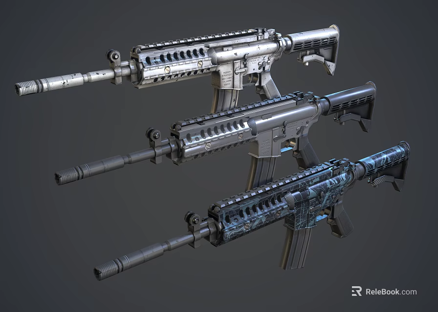 Three Modern Designed Assault Rifles With Tactical Components And Metallic Textures 3d model 