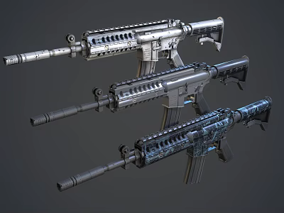 Three Modern Designed Assault Rifles With Tactical Components And Metallic Textures 3d model