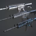 Three Modern Designed Assault Rifles With Tactical Components And Metallic Textures