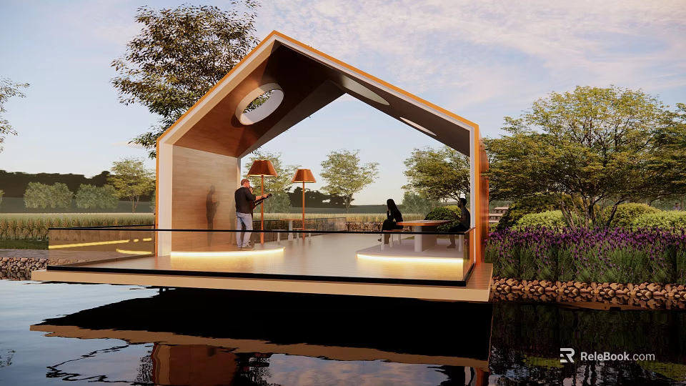 Modern Wooden Pergola in Outdoor Natural Landscape with Water Reflection People Seating and Warm Lighting 3d model 