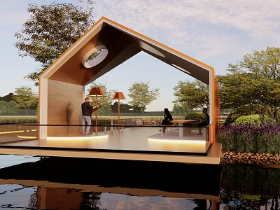 Modern Wooden Pergola in Outdoor Natural Landscape with Water Reflection People Seating and Warm Lighting 3d model