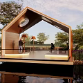 Modern Wooden Pergola in Outdoor Natural Landscape with Water Reflection People Seating and Warm Lighting