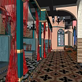 Decorative Modern Restaurant Interior With Green Pillars Pink Curtains And Colorful Patterned Floor Tiles